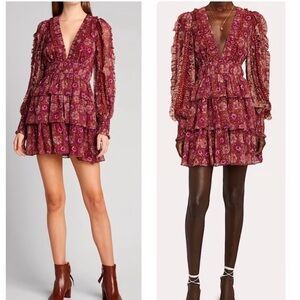 House of Harlow Floral Burgundy Gold Metallic Boho V Neck Ruffle Dress 6